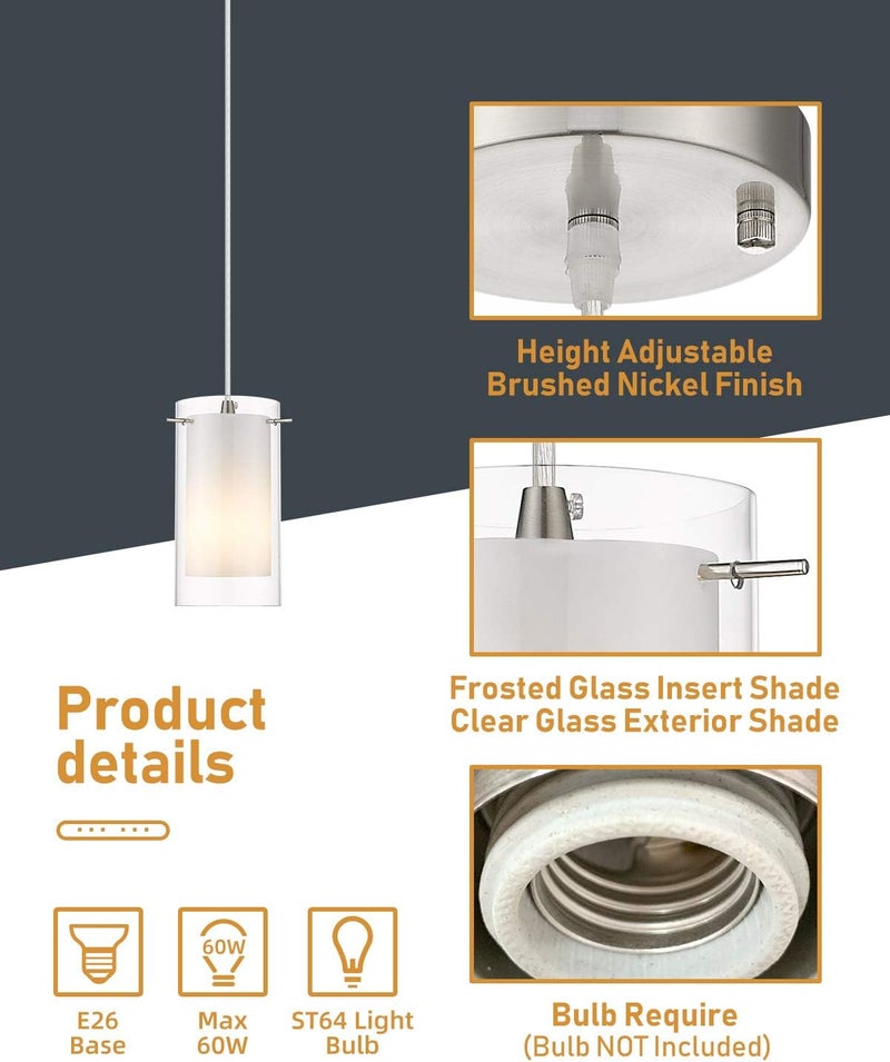 AKEZON Modern Glass Pendant Light 2 Pack, Adjustable Hanging Pendant Lighting Kitchen Lights Island Dining Room Bathroom Bar, Brushed Nickel Finish - Image 5